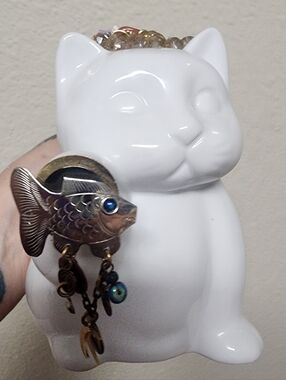 Upcycled White Ceramic Cat Décor with Vintage Jewelry